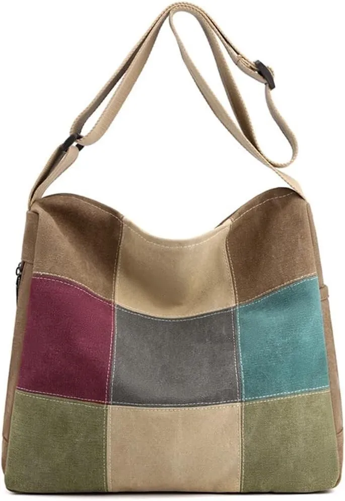Large Top Handle Multi-Pocket Tote Handbag Women's Satchel Canvas Shoulder Multi-Color Crossbody