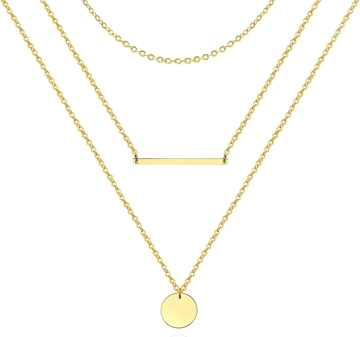 Layered Gold Chain Necklace with Bar and Circle Pendant, Double Strand, Minimalist Style