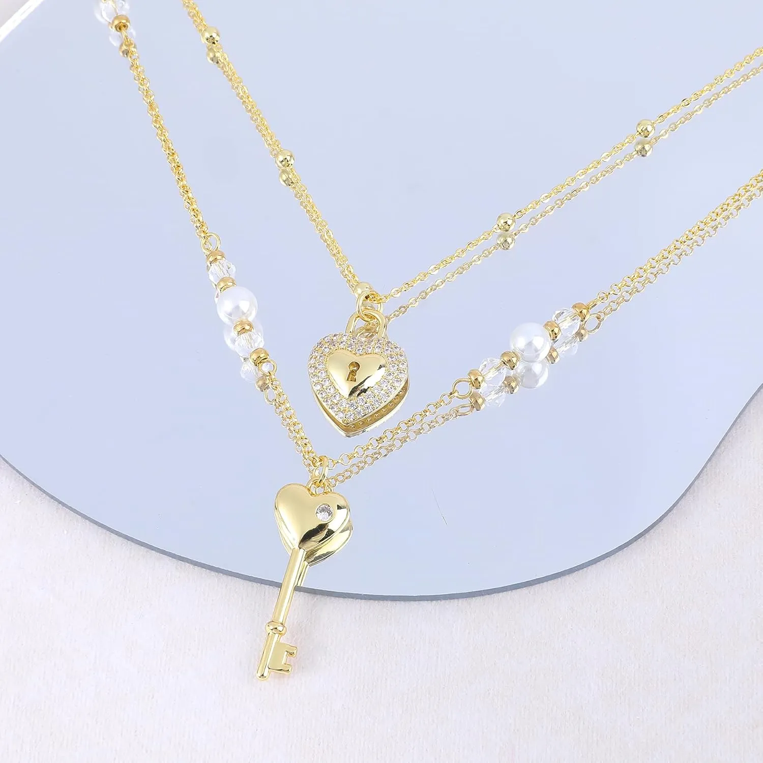 Layered Gold Necklace for Women 14K Gold Plated Cubic Zirconia Lock Key Love Heart Cherry Bow Butterfly Flower Pendant Necklace Pearl Cute Glass Beads Choker Necklace Adjustable Trendy Jewelry Gift