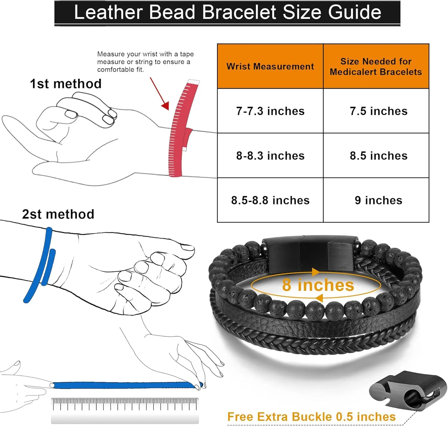 Layered Leather Beads Bracelets for Men, Braided Leather Tiger Eye Lava Rock Stone Bracelets for Men with Stainless Steel Magnetic Clasp Anxiety Stress Relief Gifts