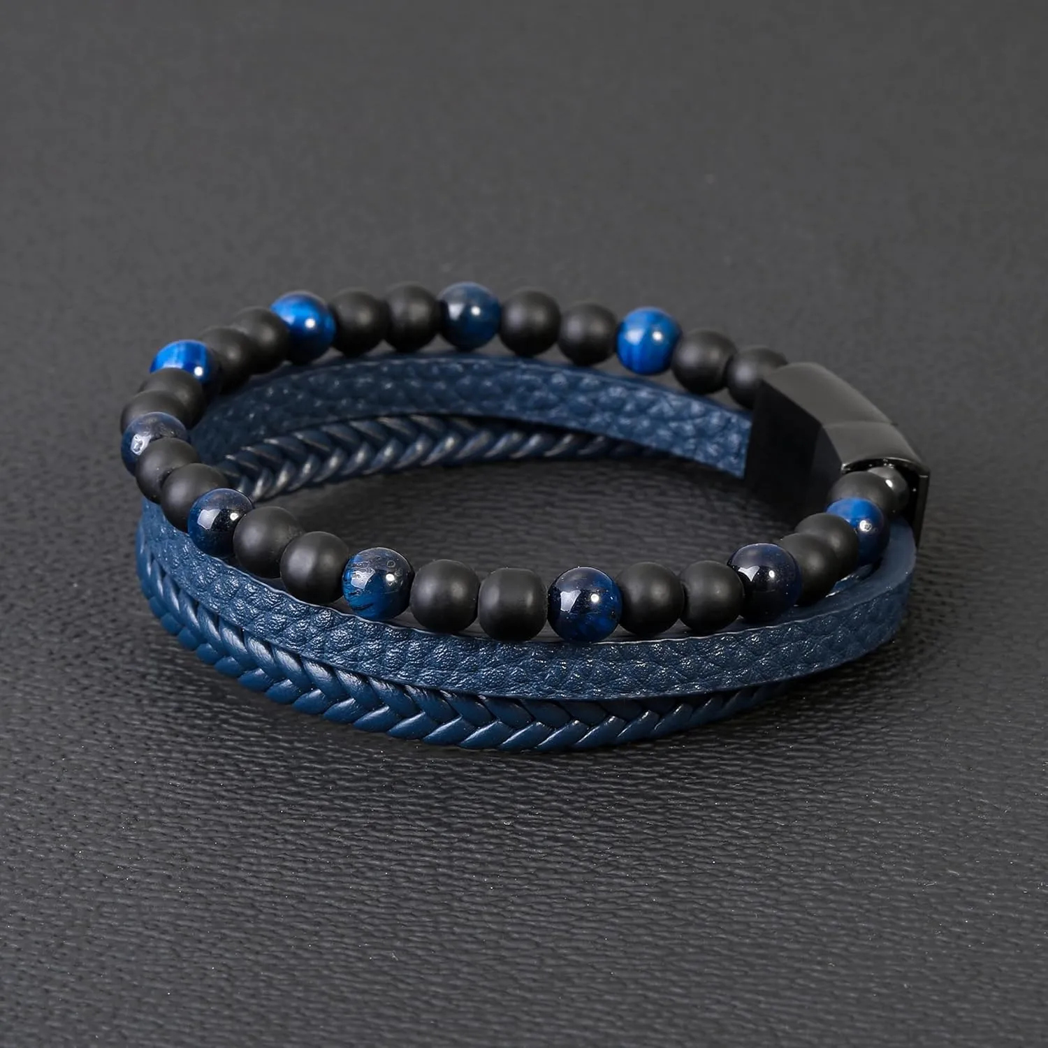 Layered Leather Beads Bracelets for Men, Braided Leather Tiger Eye Lava Rock Stone Bracelets for Men with Stainless Steel Magnetic Clasp Anxiety Stress Relief Gifts