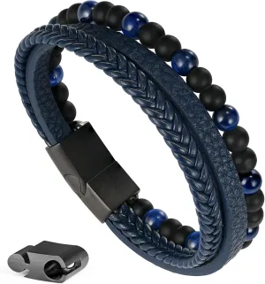 Layered Leather Beads Bracelets for Men, Braided Leather Tiger Eye Lava Rock Stone Bracelets for Men with Stainless Steel Magnetic Clasp Anxiety Stress Relief Gifts