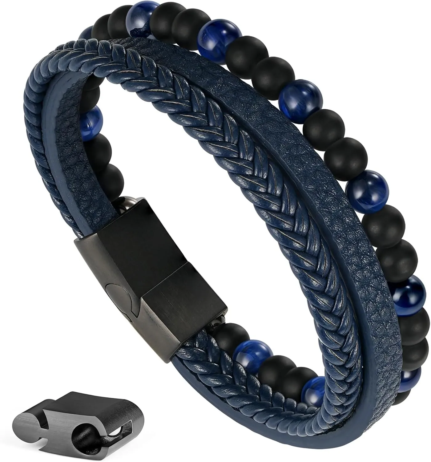 Layered Leather Beads Bracelets for Men, Braided Leather Tiger Eye Lava Rock Stone Bracelets for Men with Stainless Steel Magnetic Clasp Anxiety Stress Relief Gifts