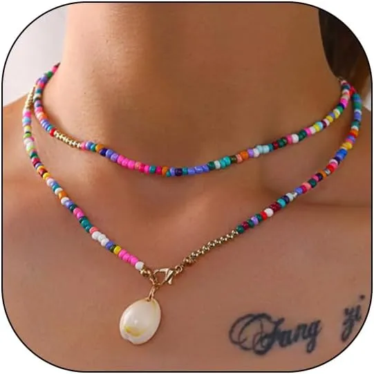 Layered Natural Seashell Necklace for Women,Colorful Rice Beaded Choker Necklace Handmade Adjustable Seed Bead Cowrie Shell Necklace Beach Jewelry