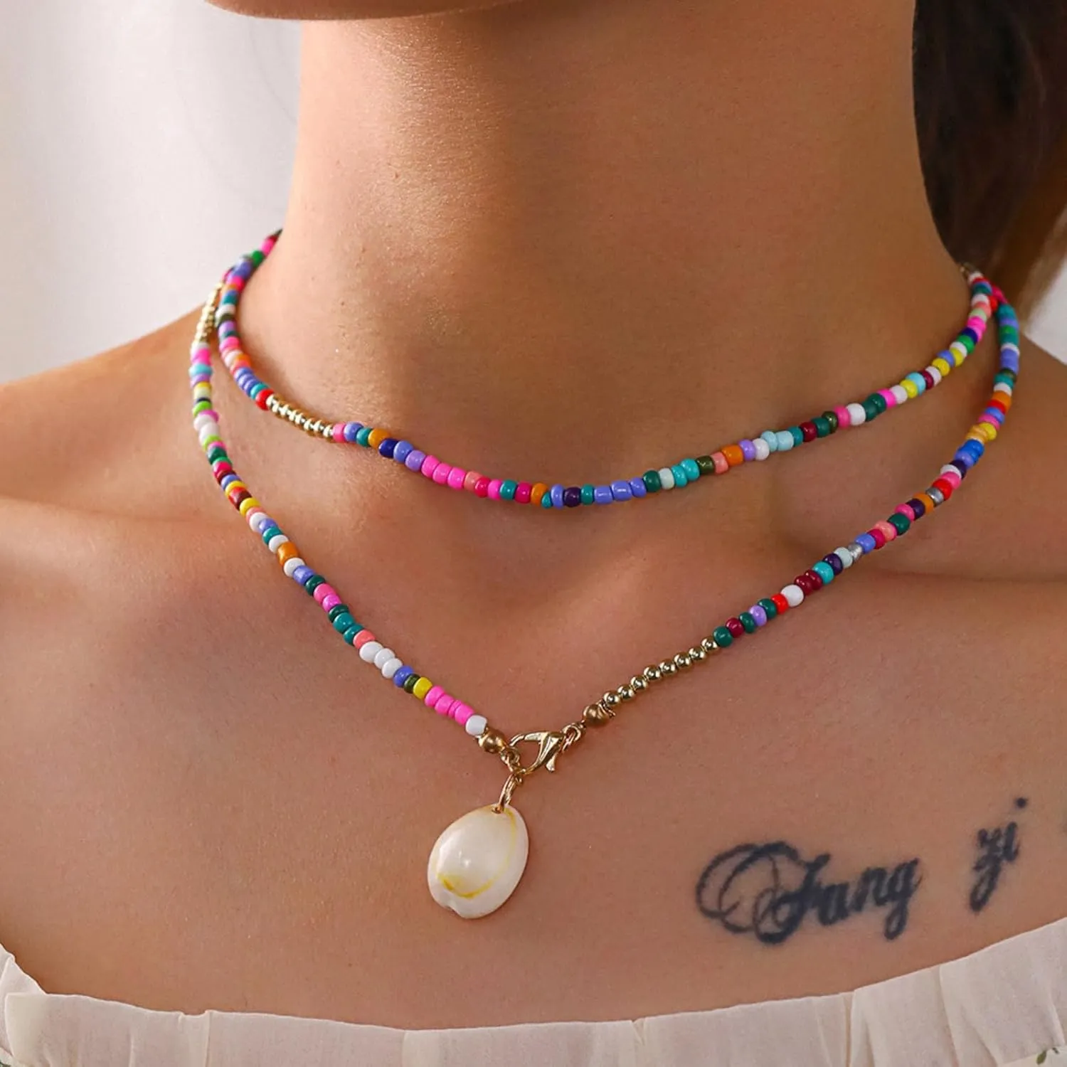 Layered Natural Seashell Necklace for Women,Colorful Rice Beaded Choker Necklace Handmade Adjustable Seed Bead Cowrie Shell Necklace Beach Jewelry
