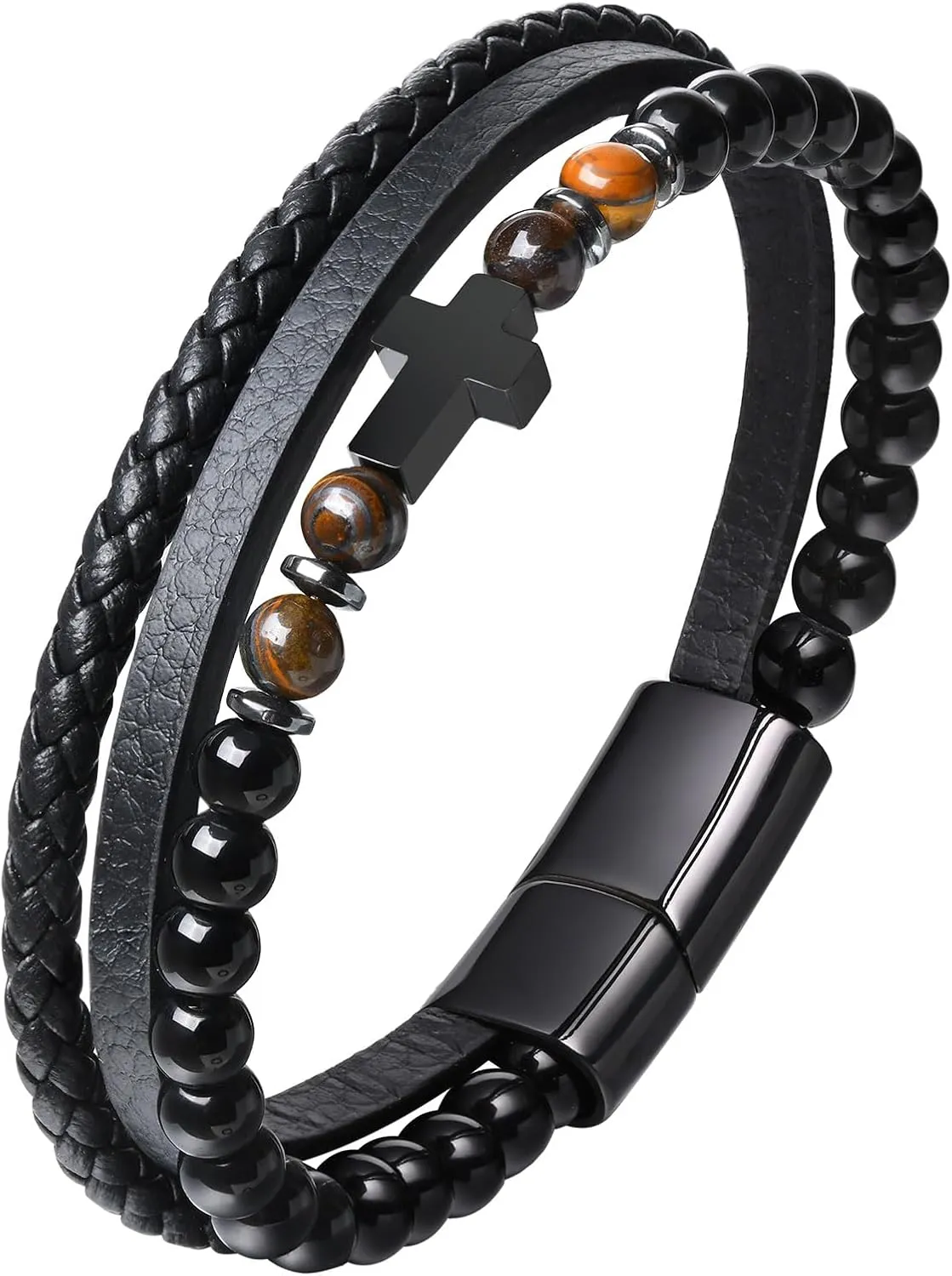 Leather Cross Bracelet Gifts for Men, Layered Black Onyx Tigers Eye Stone Beads Stainless Steel Cross Genuine Leather Braided Wristband, Religious Jewelry to Son Husband Boyfriend Brother Dad