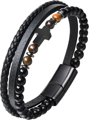 Leather Cross Bracelet Gifts for Men, Layered Black Onyx Tigers Eye Stone Beads Stainless Steel Cross Genuine Leather Braided Wristband, Religious Jewelry to Son Husband Boyfriend Brother Dad