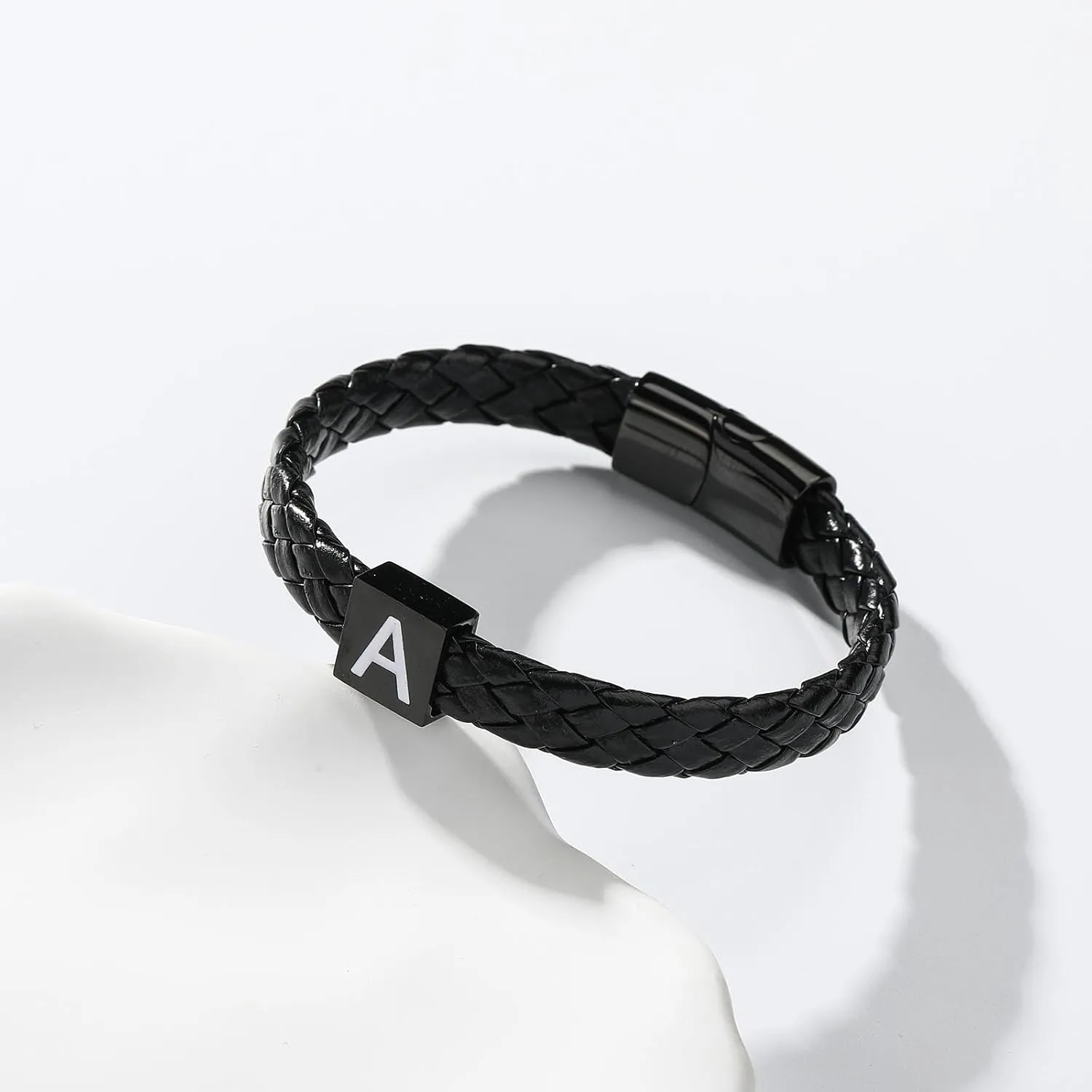 Leather Initial Bracelet for Men Boys, Stainless Steel A-Z Letter Clasp Mens Braided Black Leather Bracelets Jewelry Gifts