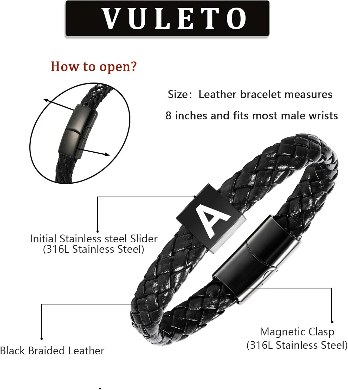 Leather Initial Bracelet for Men Boys, Stainless Steel A-Z Letter Clasp Mens Braided Black Leather Bracelets Jewelry Gifts