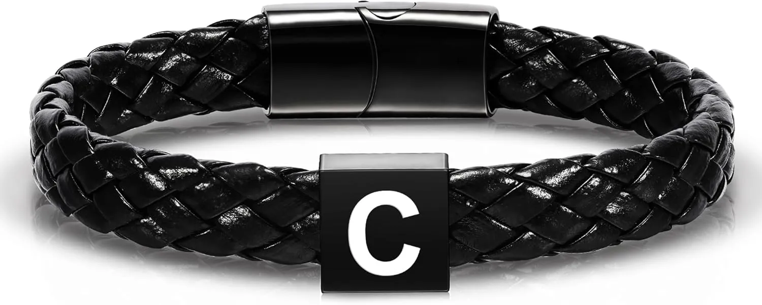 Leather Initial Bracelet for Men Boys, Stainless Steel A-Z Letter Clasp Mens Braided Black Leather Bracelets Jewelry Gifts