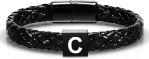 Leather Initial Bracelet for Men Boys, Stainless Steel A-Z Letter Clasp Mens Braided Black Leather Bracelets Jewelry Gifts