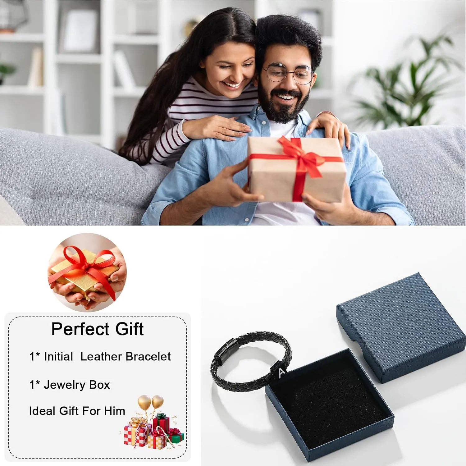 Leather Initial Bracelet for Men Boys, Stainless Steel A-Z Letter Clasp Mens Braided Black Leather Bracelets Jewelry Gifts