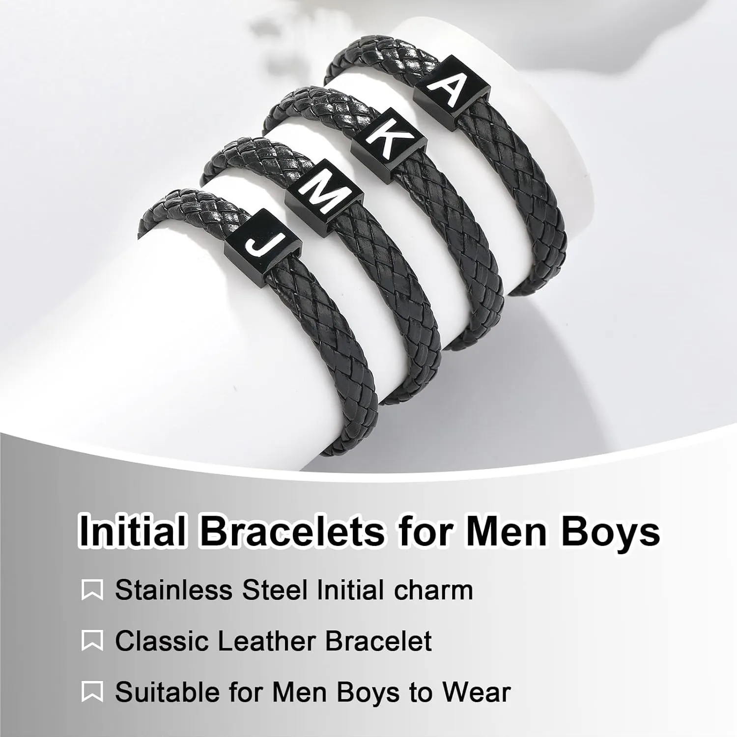 Leather Initial Bracelet for Men Boys, Stainless Steel A-Z Letter Clasp Mens Braided Black Leather Bracelets Jewelry Gifts