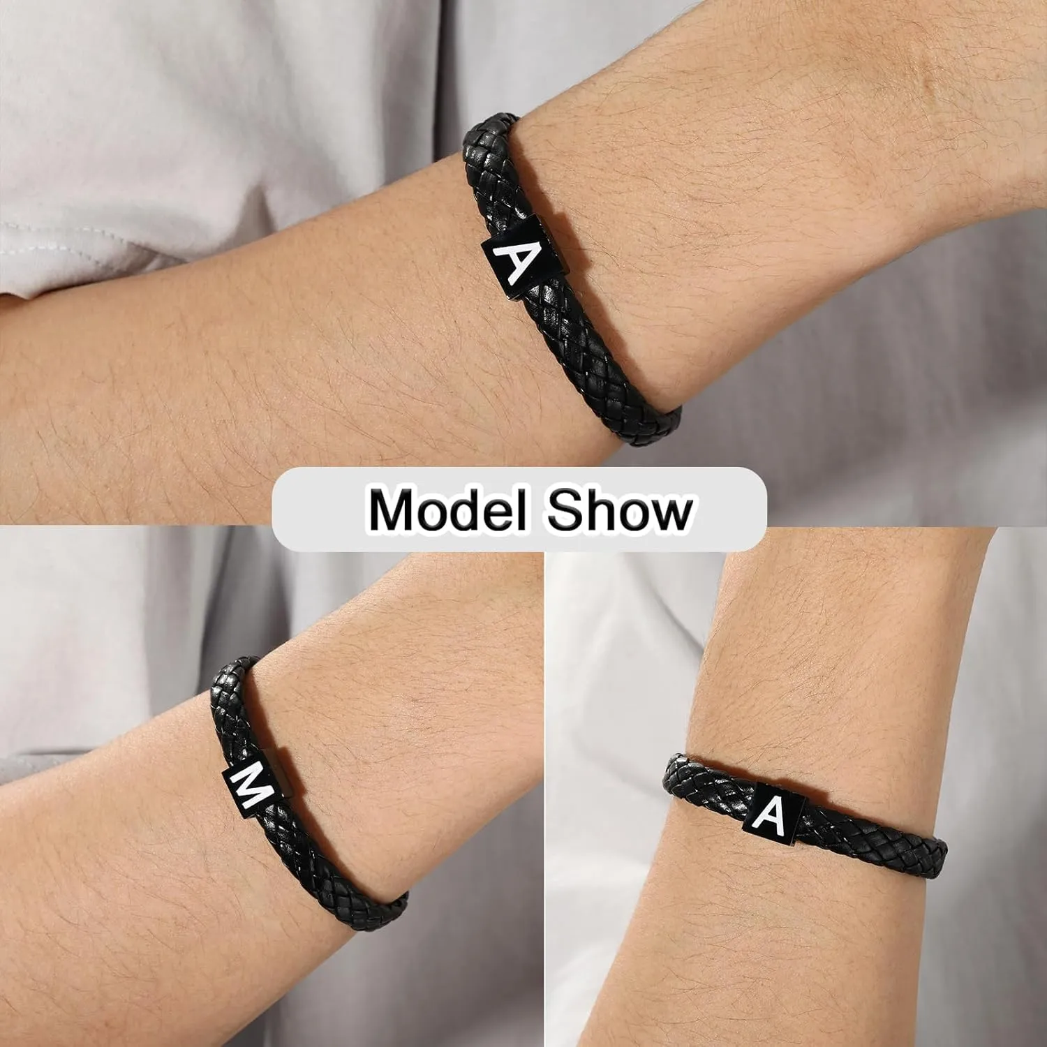 Leather Initial Bracelet for Men Boys, Stainless Steel A-Z Letter Clasp Mens Braided Black Leather Bracelets Jewelry Gifts
