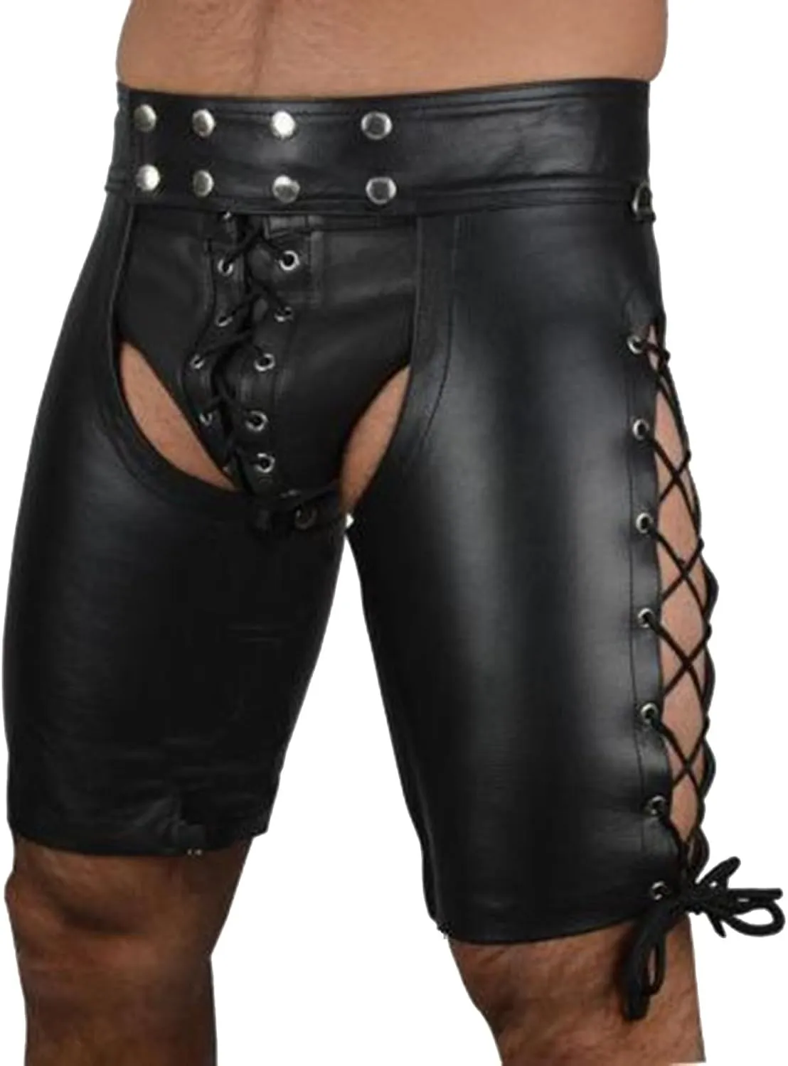 Leather Lingerie for Men Lace Up Open Crotch Backless Boxer Shorts Sexy Breathable Cut Out Clubwear Hot Pants
