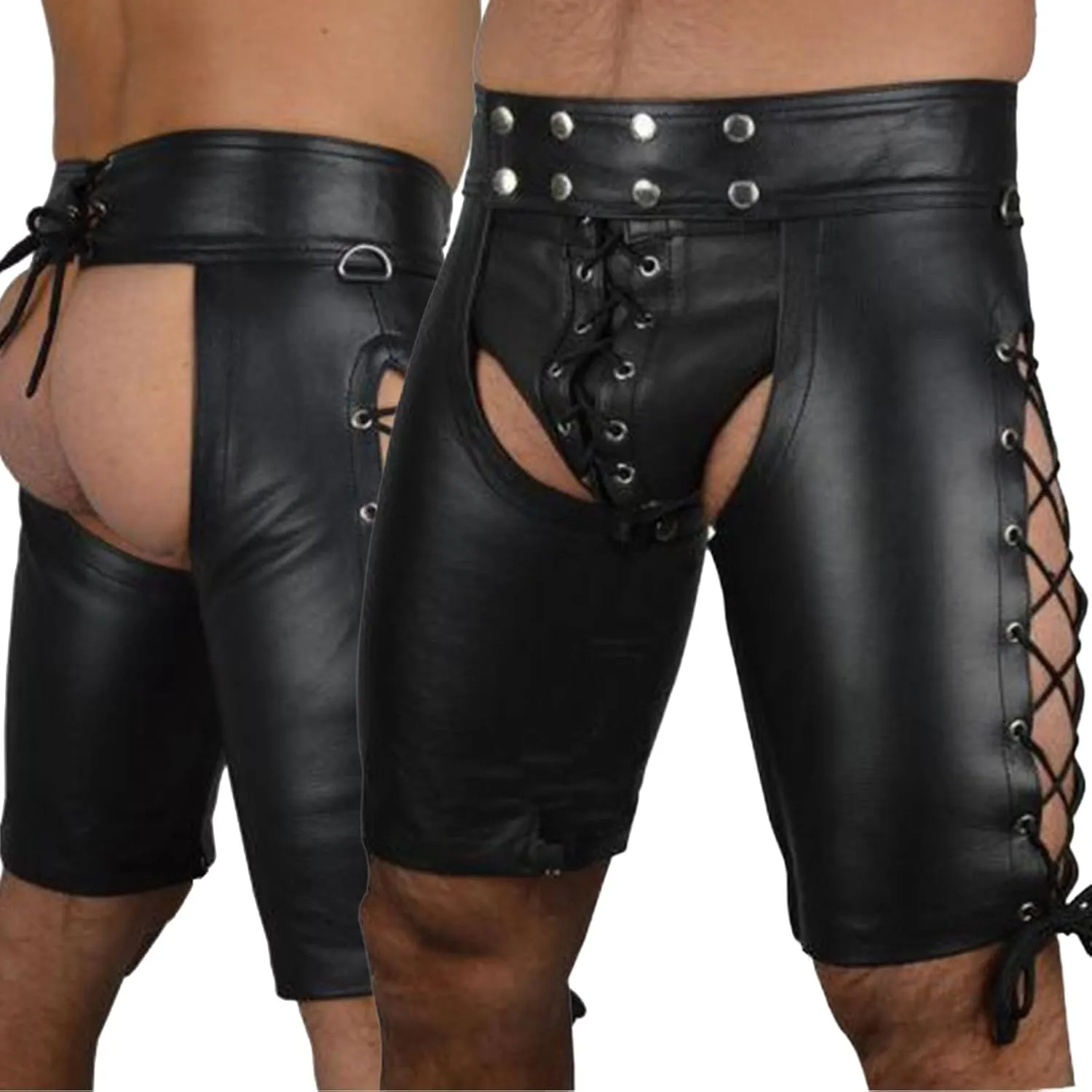 Leather Lingerie for Men Lace Up Open Crotch Backless Boxer Shorts Sexy Breathable Cut Out Clubwear Hot Pants