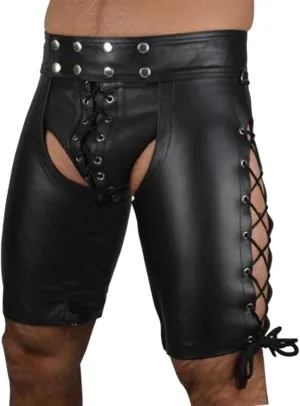 Leather Lingerie for Men Lace Up Open Crotch Backless Boxer Shorts Sexy Breathable Cut Out Clubwear Hot Pants