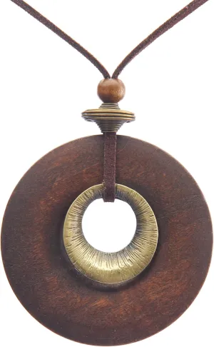Leather Necklace for Women Vintage Simple Boho Choker Necklace Circle Wooden & Alloy Pendant Necklace with Long Brown Leather Cord