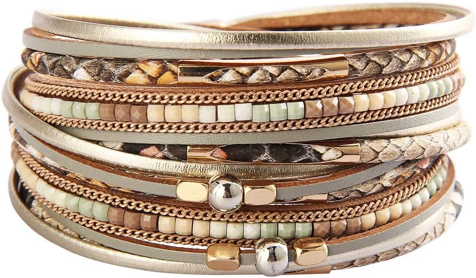 Leopard Print Leather Wrap Bracelet in Multilayer Strands Leahter Cuff Bracelets for Women Mother Wife