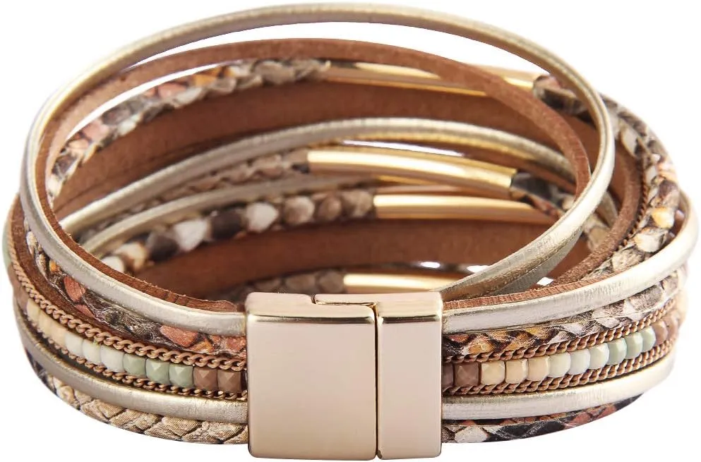 Leopard Print Leather Wrap Bracelet in Multilayer Strands Leahter Cuff Bracelets for Women Mother Wife