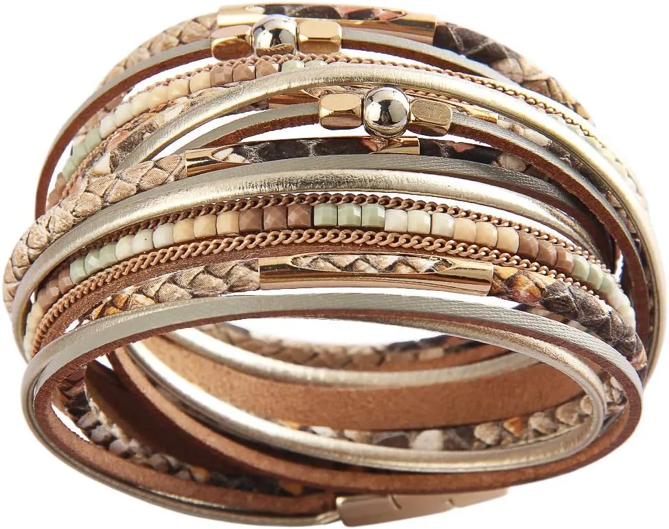 Leopard Print Leather Wrap Bracelet in Multilayer Strands Leahter Cuff Bracelets for Women Mother Wife