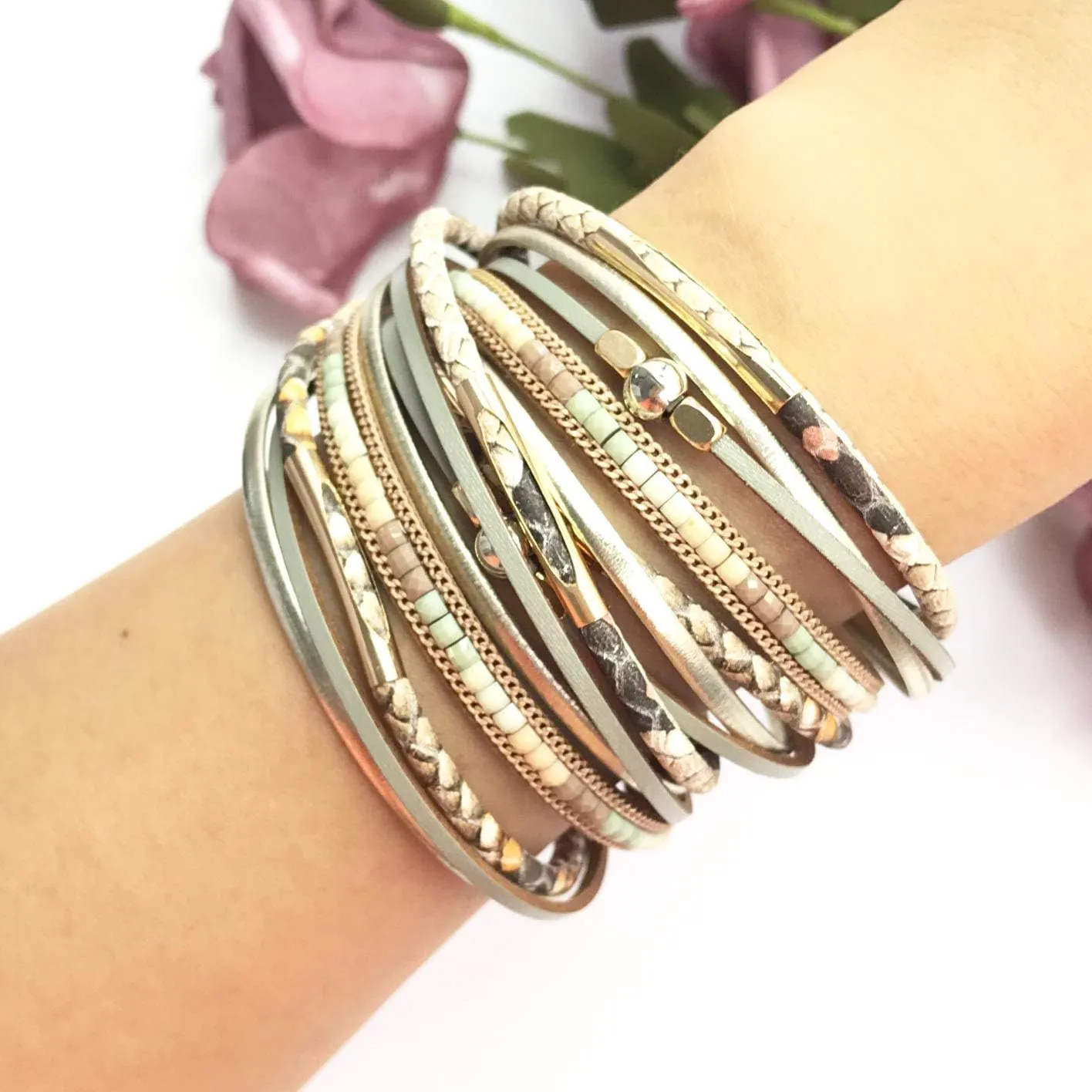 Leopard Print Leather Wrap Bracelet in Multilayer Strands Leahter Cuff Bracelets for Women Mother Wife