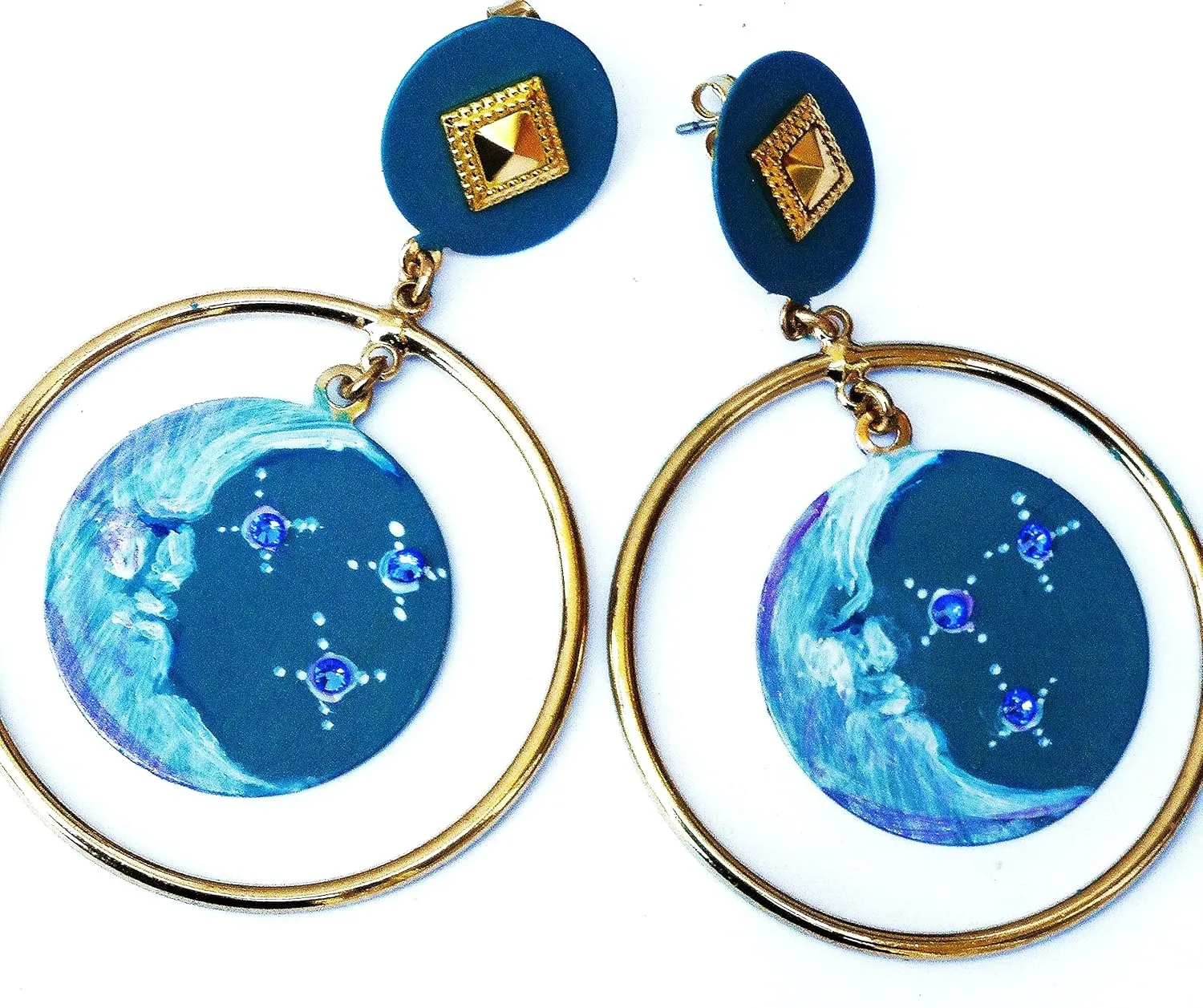 Limited Edition Large Gold Plated Blue Half Moon Post Hoop Dangle Earrings Celestial Boho Jewelry for Women