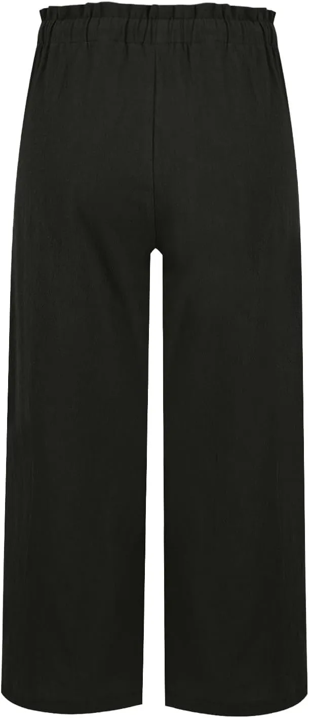 Linen Capri Pants for Women Summer Wide Leg Casual Loose High Waist Drawstring Palazzo Capris Trousers with Pockets