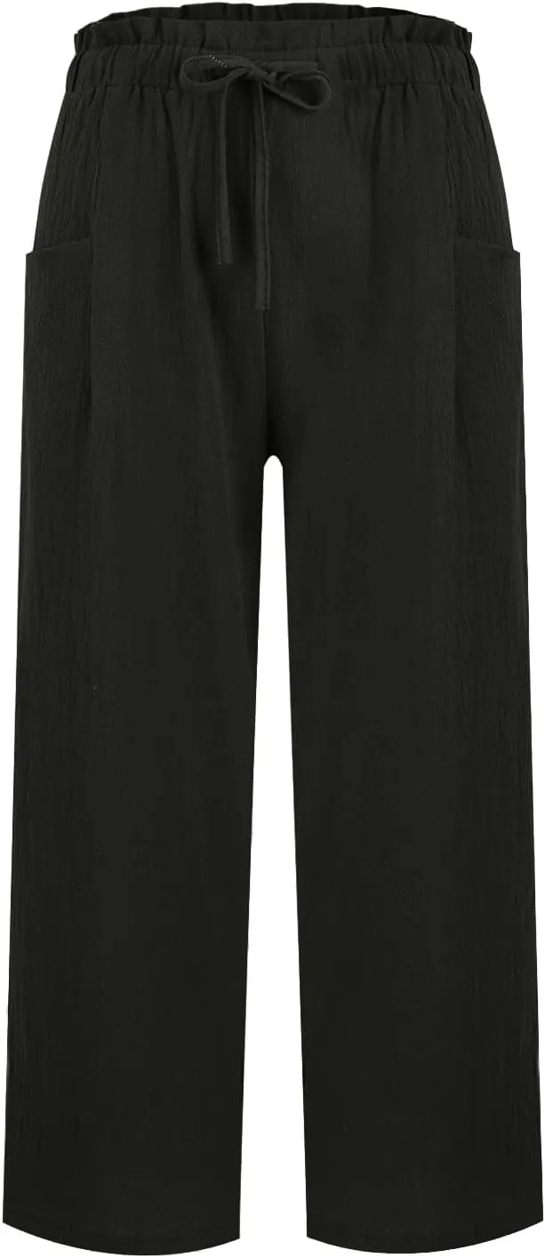 Linen Capri Pants for Women Summer Wide Leg Casual Loose High Waist Drawstring Palazzo Capris Trousers with Pockets