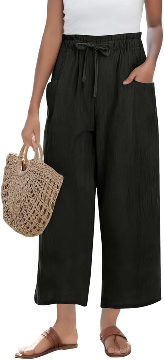 Linen Capri Pants for Women Summer Wide Leg Casual Loose High Waist Drawstring Palazzo Capris Trousers with Pockets