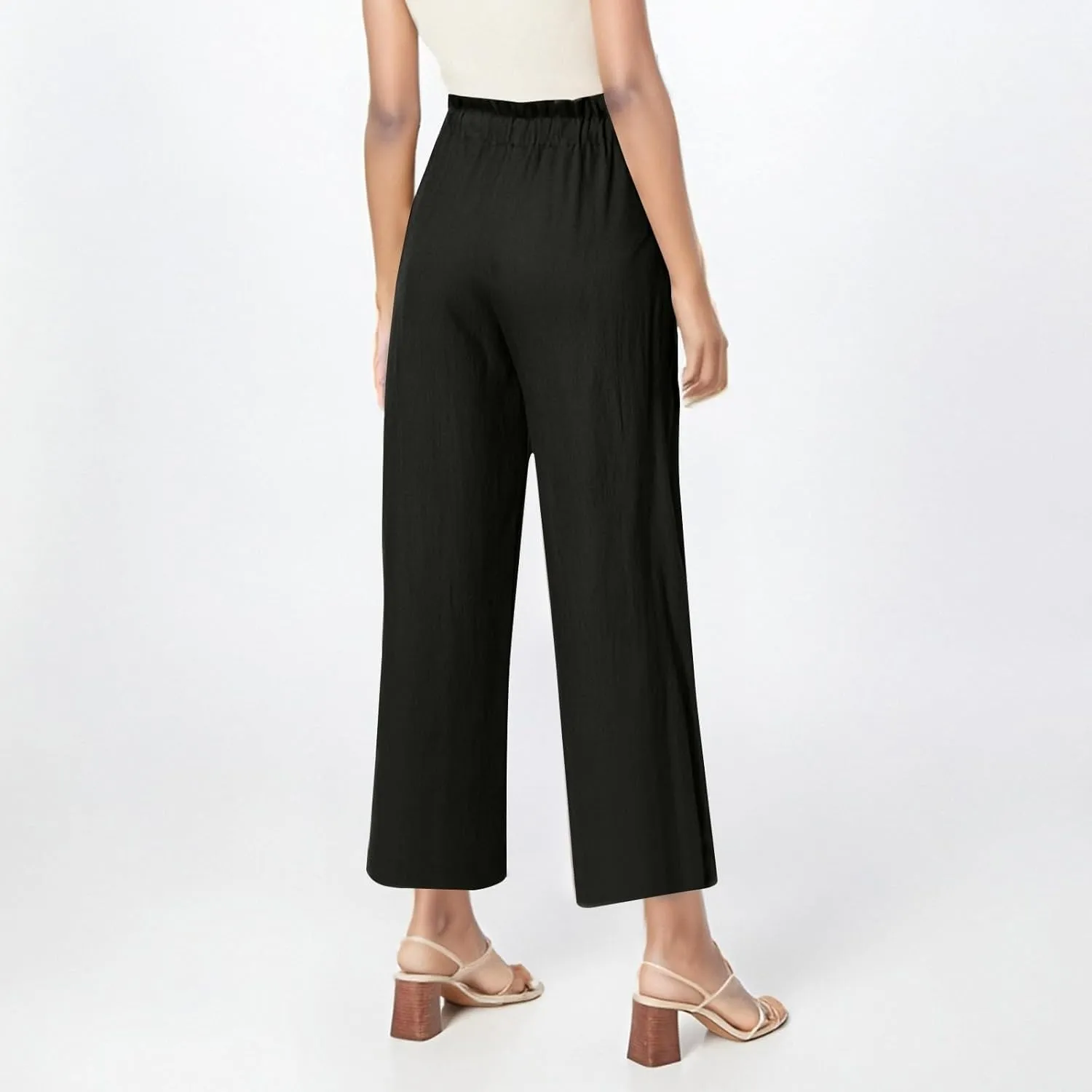 Linen Capri Pants for Women Summer Wide Leg Casual Loose High Waist Drawstring Palazzo Capris Trousers with Pockets