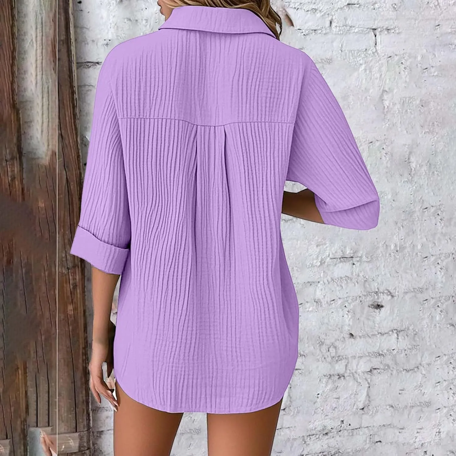 Linen Cotton Shirts for Women Casual Rolled Sleeve Button Down Blouses Summer Solid Color Business Blouse Work Tops