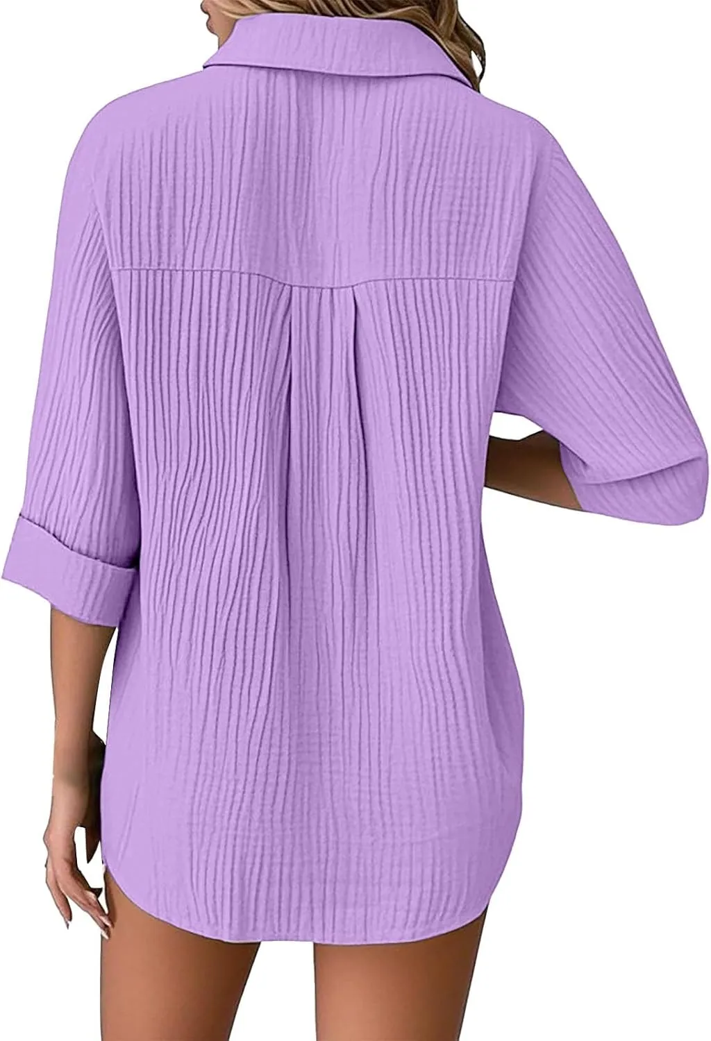 Linen Cotton Shirts for Women Casual Rolled Sleeve Button Down Blouses Summer Solid Color Business Blouse Work Tops