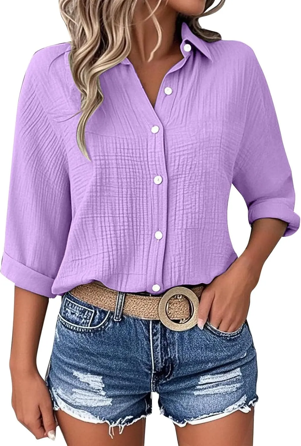 Linen Cotton Shirts for Women Casual Rolled Sleeve Button Down Blouses Summer Solid Color Business Blouse Work Tops