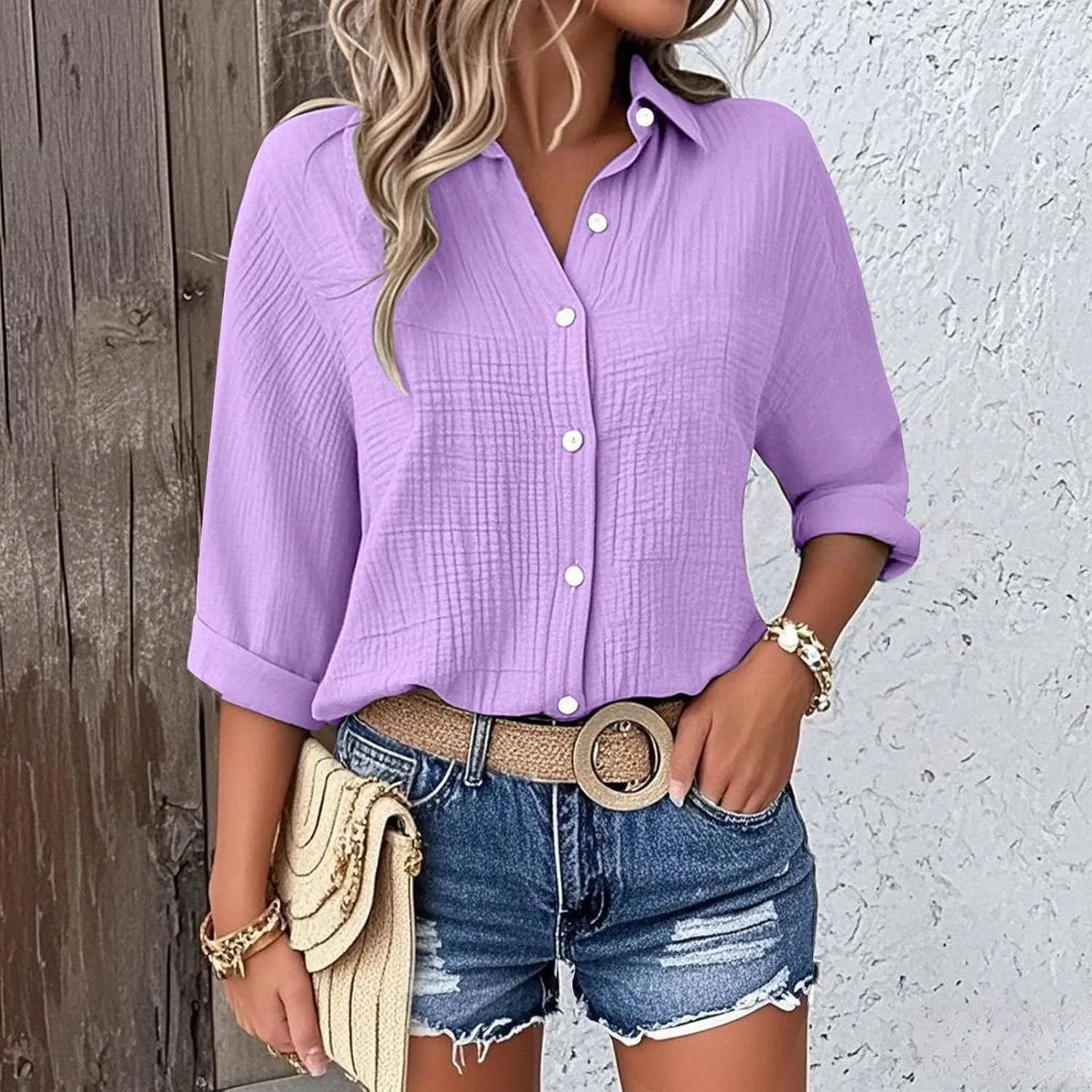 Linen Cotton Shirts for Women Casual Rolled Sleeve Button Down Blouses Summer Solid Color Business Blouse Work Tops