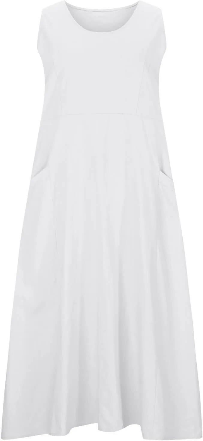 Linen Dress Women Summer Trendy Sleeveless Long Tank Dresses Plus Size Vacation Boho Beach Sundresses with Pockets