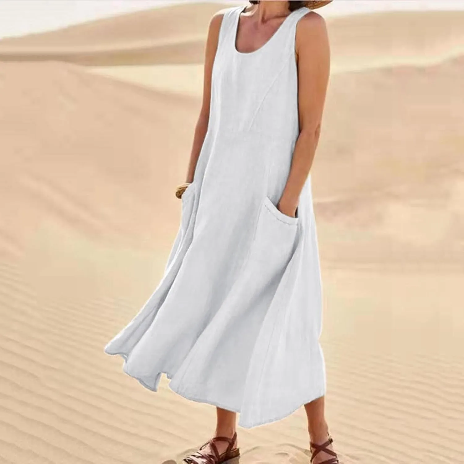Linen Dress Women Summer Trendy Sleeveless Long Tank Dresses Plus Size Vacation Boho Beach Sundresses with Pockets