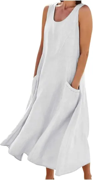 Linen Dress Women Summer Trendy Sleeveless Long Tank Dresses Plus Size Vacation Boho Beach Sundresses with Pockets