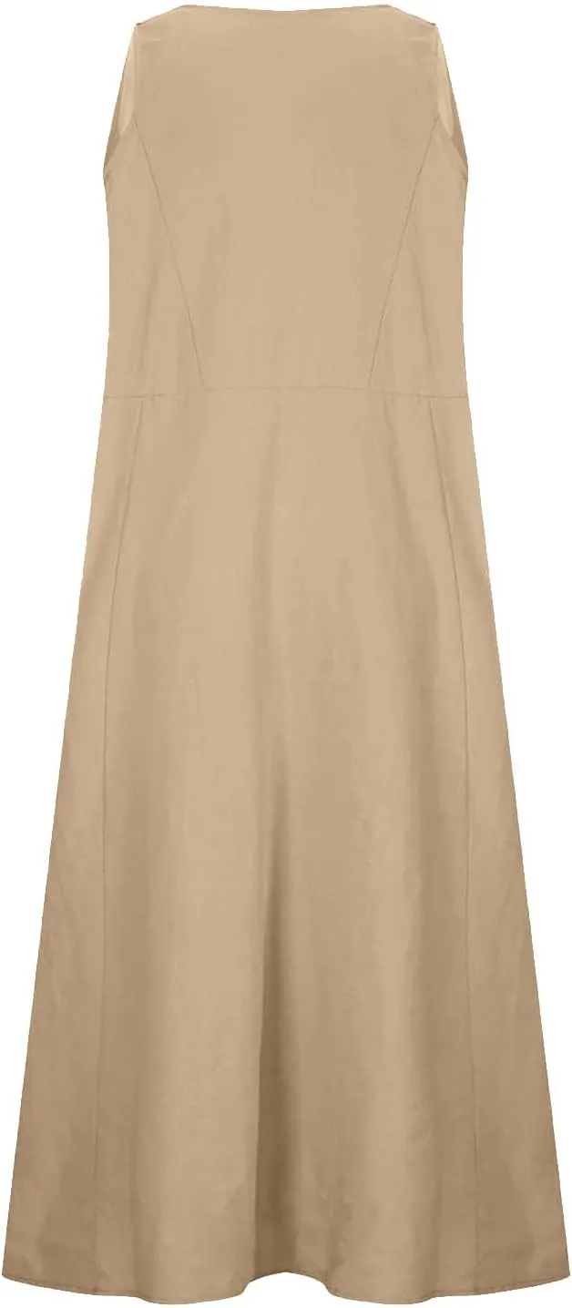 Linen Dresses for Women 2025 Casual Sleeveless Loose V Neck Sundress Fashion Solid Color Summer Dress with Pockets