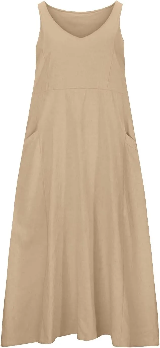 Linen Dresses for Women 2025 Casual Sleeveless Loose V Neck Sundress Fashion Solid Color Summer Dress with Pockets