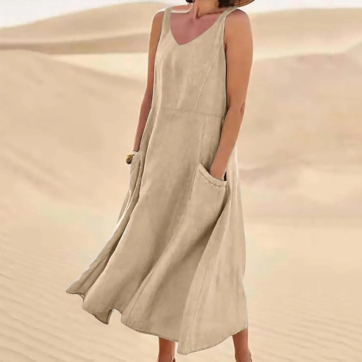 Linen Dresses for Women 2025 Casual Sleeveless Loose V Neck Sundress Fashion Solid Color Summer Dress with Pockets