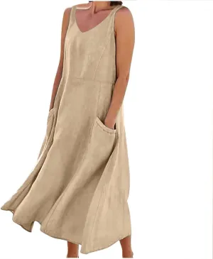 Linen Dresses for Women 2025 Casual Sleeveless Loose V Neck Sundress Fashion Solid Color Summer Dress with Pockets