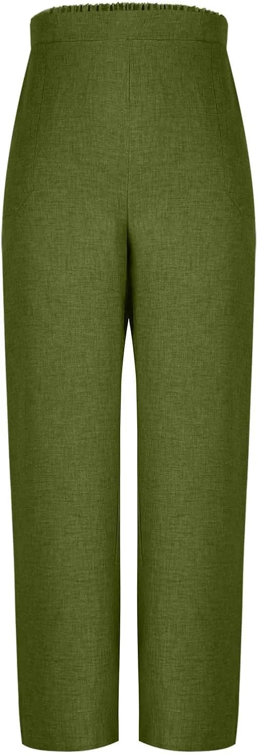 Linen Pants for Womens Summer Drawstring Waist Wide Leg Trousers Loose Linen Lightweight Pant Casual Beach Long Slacks