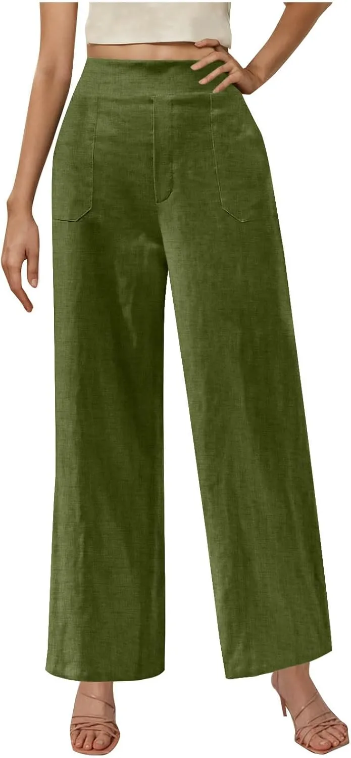 Linen Pants for Womens Summer Drawstring Waist Wide Leg Trousers Loose Linen Lightweight Pant Casual Beach Long Slacks