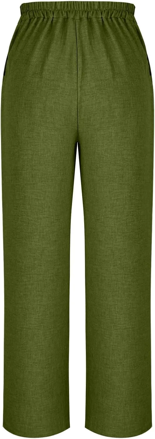 Linen Pants for Womens Summer Drawstring Waist Wide Leg Trousers Loose Linen Lightweight Pant Casual Beach Long Slacks
