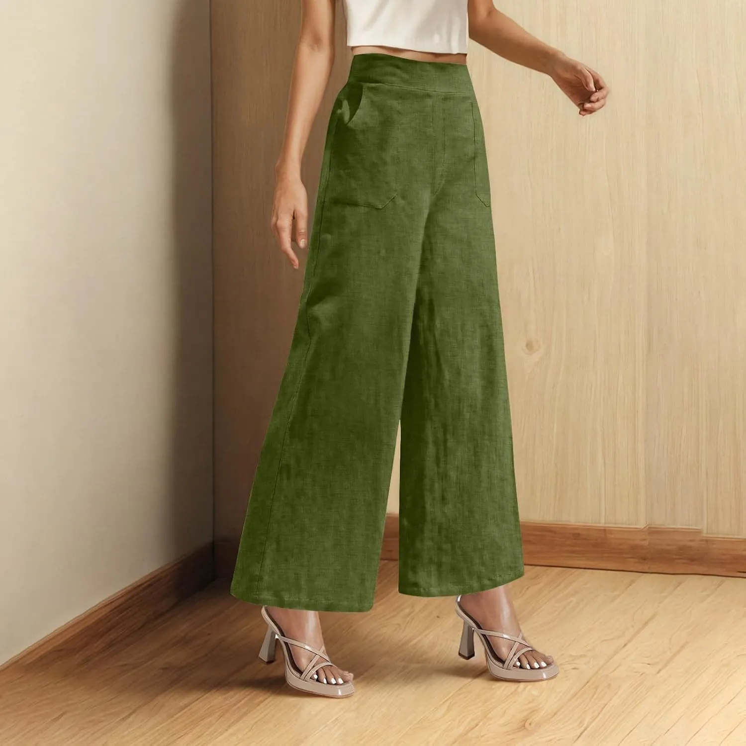 Linen Pants for Womens Summer Drawstring Waist Wide Leg Trousers Loose Linen Lightweight Pant Casual Beach Long Slacks