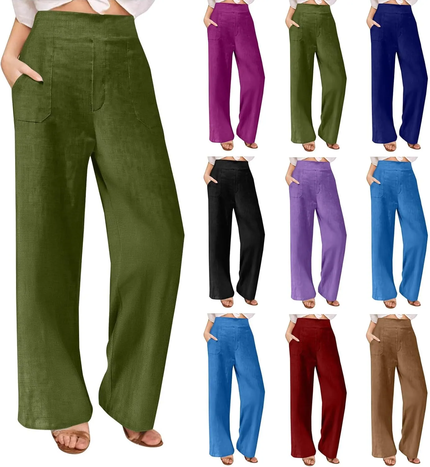 Linen Pants for Womens Summer Drawstring Waist Wide Leg Trousers Loose Linen Lightweight Pant Casual Beach Long Slacks
