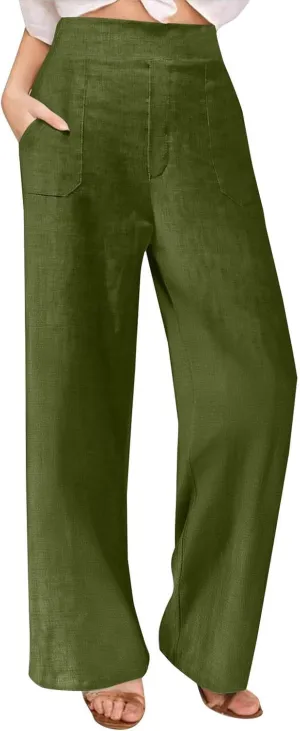 Linen Pants for Womens Summer Drawstring Waist Wide Leg Trousers Loose Linen Lightweight Pant Casual Beach Long Slacks