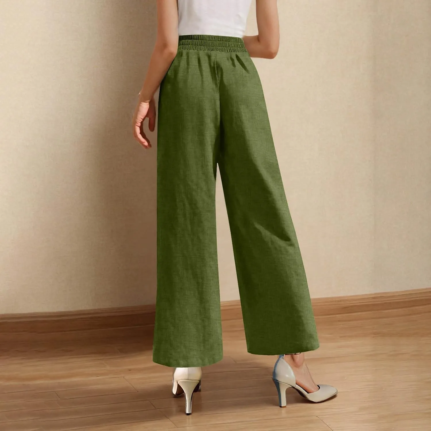 Linen Pants for Womens Summer Drawstring Waist Wide Leg Trousers Loose Linen Lightweight Pant Casual Beach Long Slacks