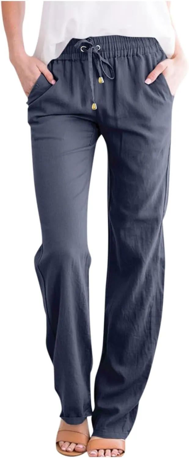 Linen Pants Women 2025 Summer Drawstring Pants Casual Loose Wide Leg Lounge Pants for Beach Travel Vacation